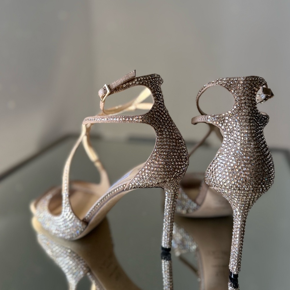 Like new JIMMY CHOO Azia 95 Honey Gold Suede Sandals with Crystals 37.5 $2,495 - Picture 14 of 17